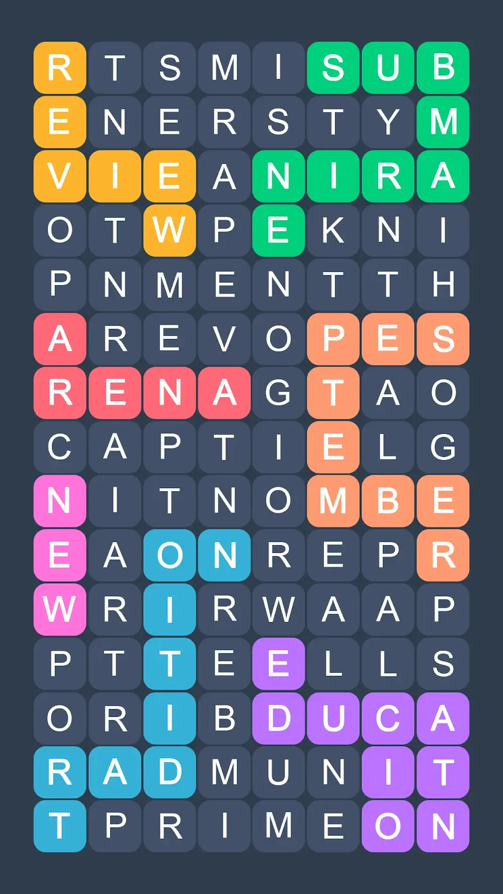Lista kategorii tematycznych w grze Fillwords